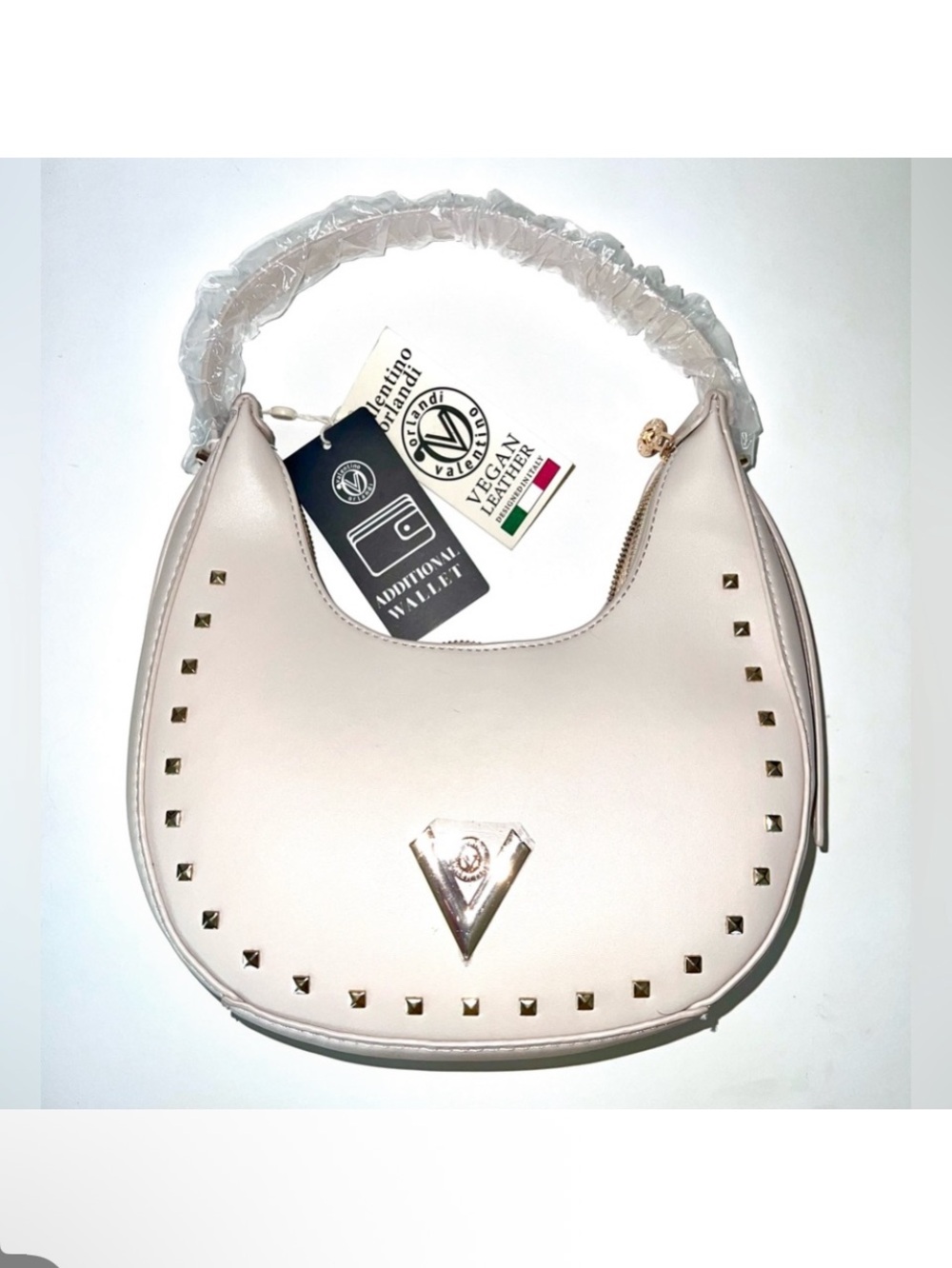 VALENTINO ORLANDI Cream Studded Hobo Bag Wallet Set Vegan Leather Gold Hardware